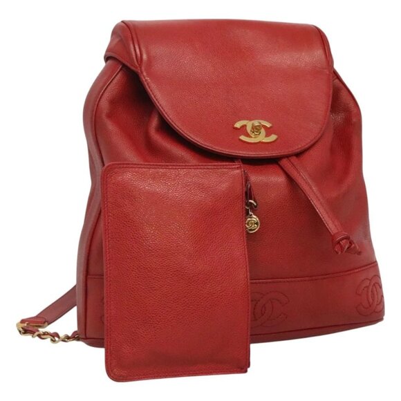 CHANEL Grained Calf Skin Backpack Grained Calf Skin Red Gold CC Auth 127574 - Picture 1 of 16